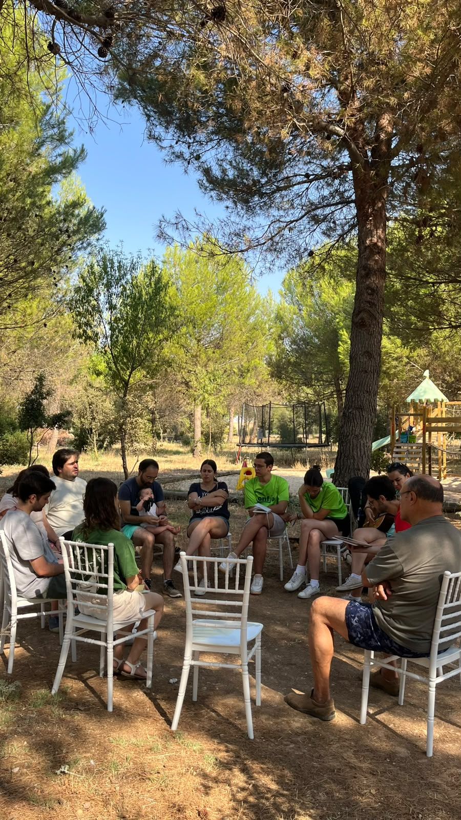 Grupo reunido bajo los pinos de la finca