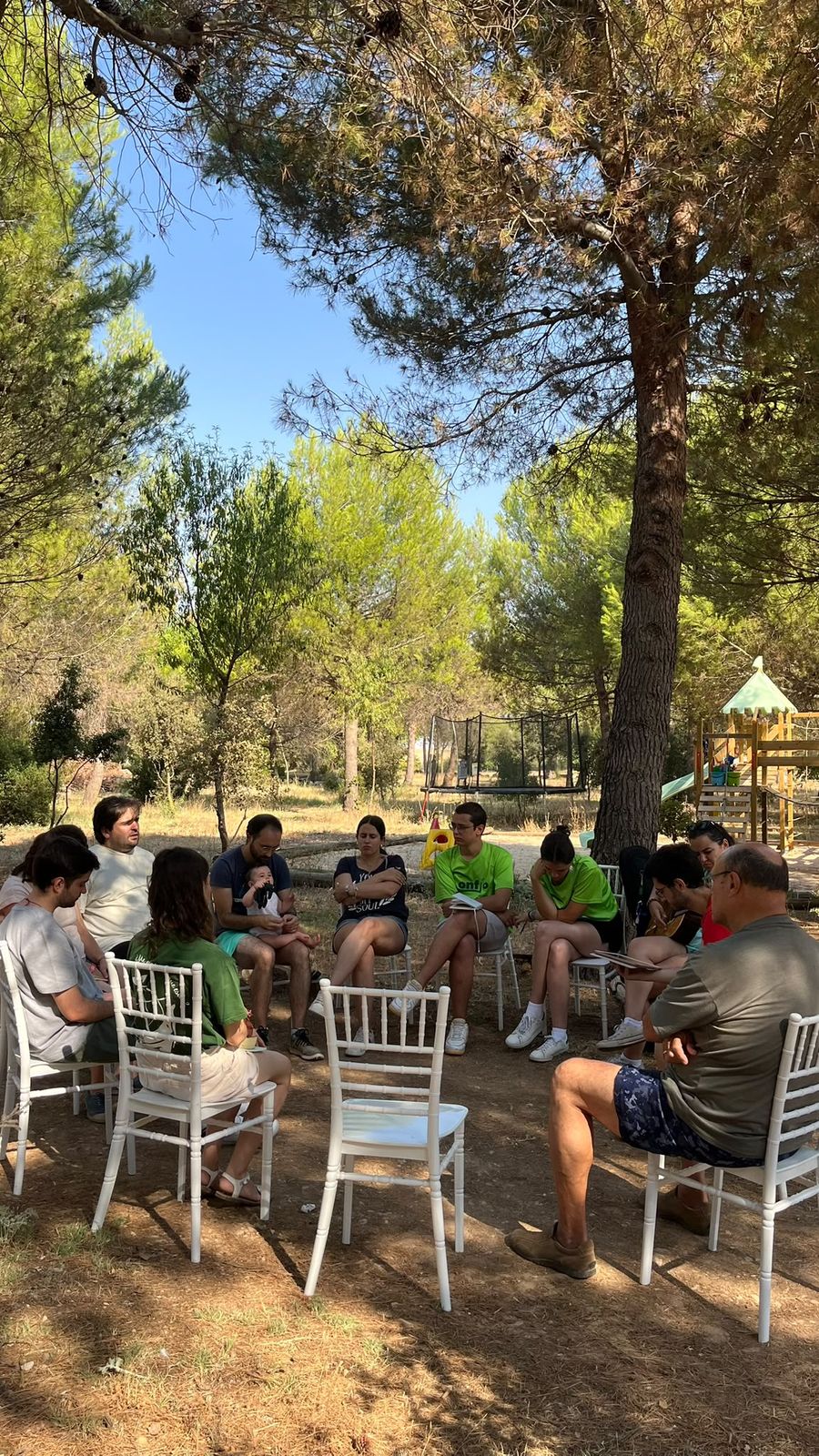 Grupo reunido bajo los pinos